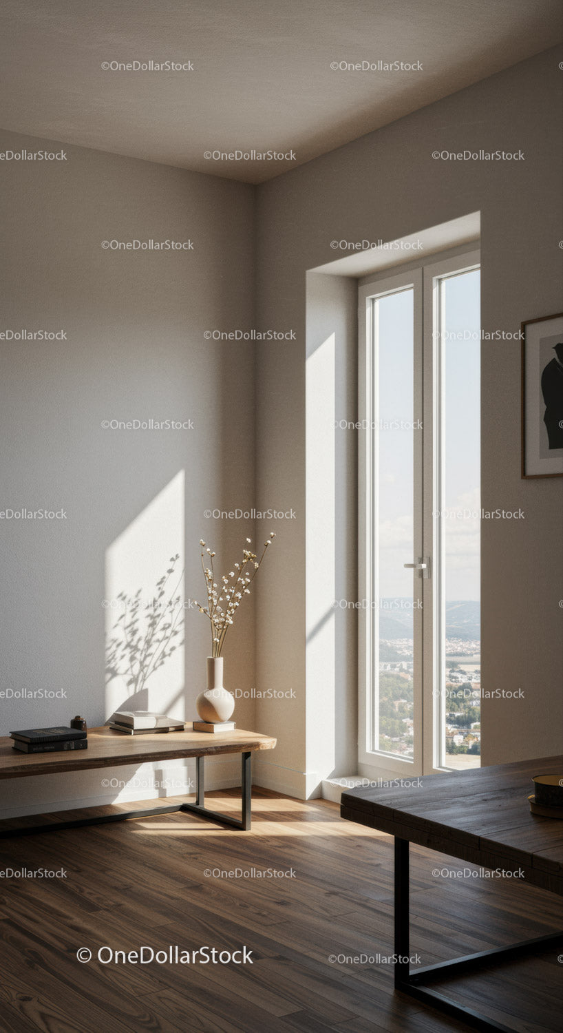 Jasny, minimalistyczny salon z dużym oknem i drewnianymi podłogami