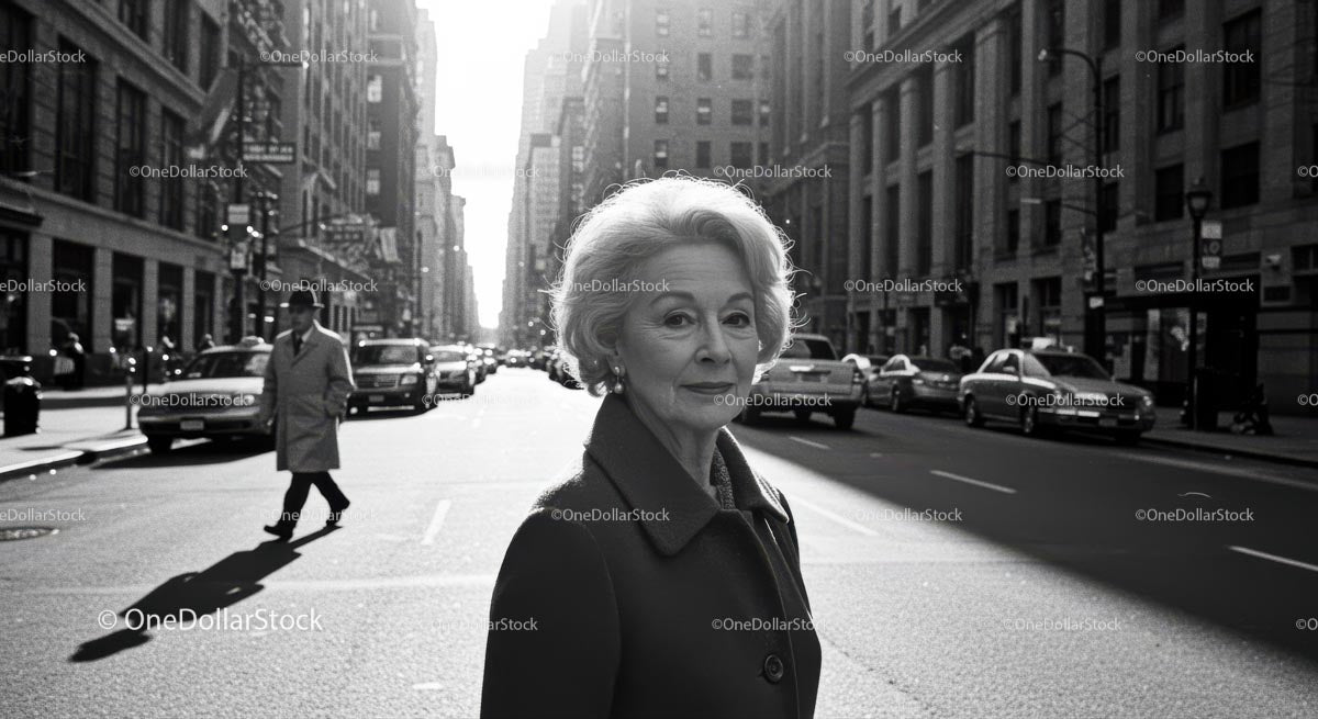 Elderly Woman in Busy City Street Surrounded by Vintage Cars