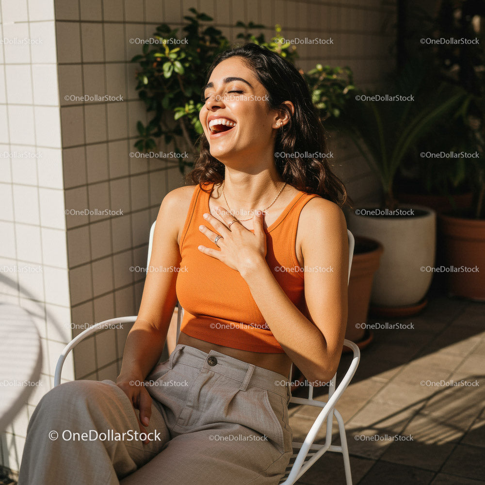 Joyful Woman Laughing in a Bright Outdoor Setting