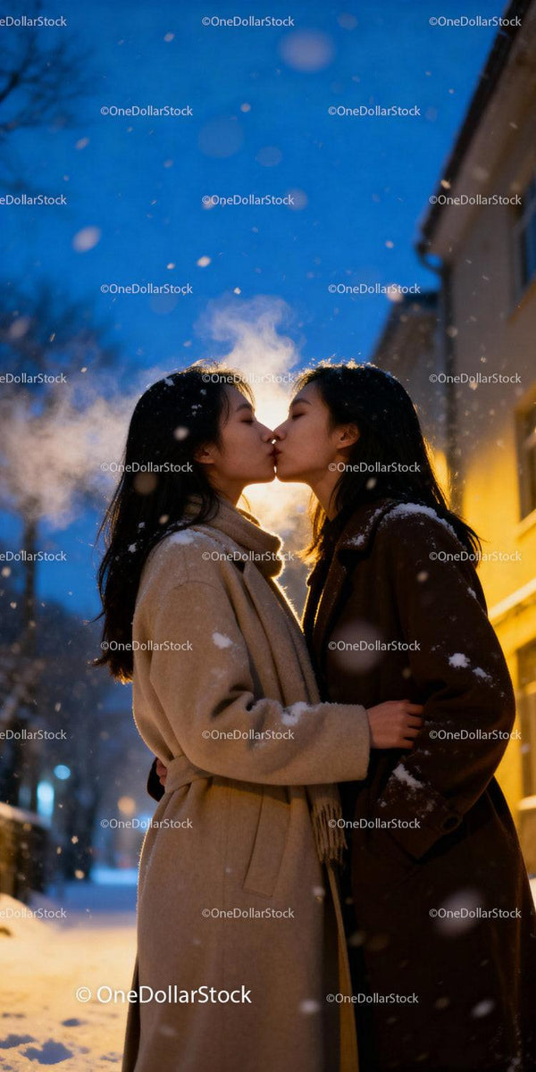 Couple sharing a tender kiss on snowy winter evening