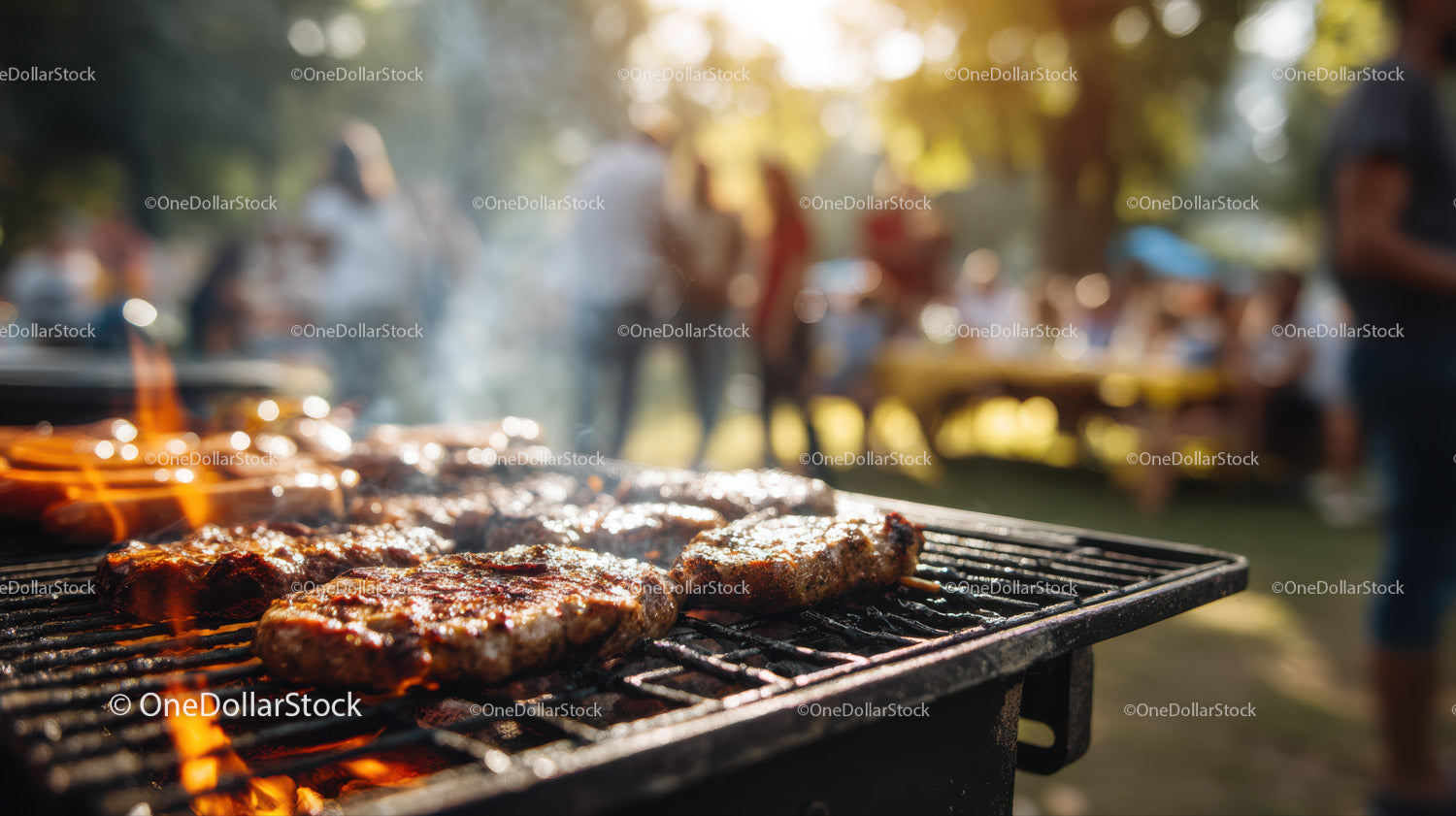 Grilled Steaks on Outdoor Barbecue Grill at Summer Picnic