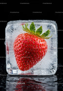 Fresh strawberry encased in clear ice cube
