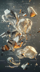 Dynamic Explosion of Glass Shards with Reflective Metallic Surface