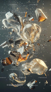 Dynamic Explosion of Glass Shards with Reflective Metallic Surface