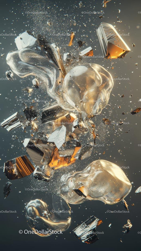 Dynamiczna eksplozja odłamków szkła z refleksyjną metaliczną powierzchnią