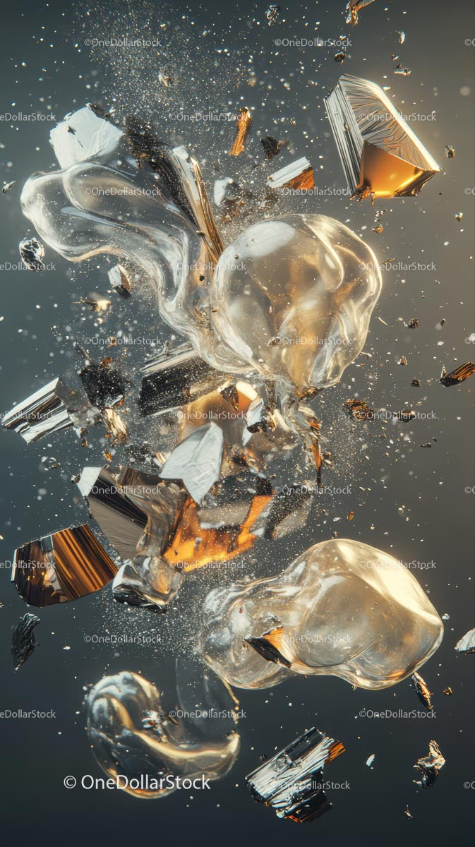 Dynamic Explosion of Glass Shards with Reflective Metallic Surface