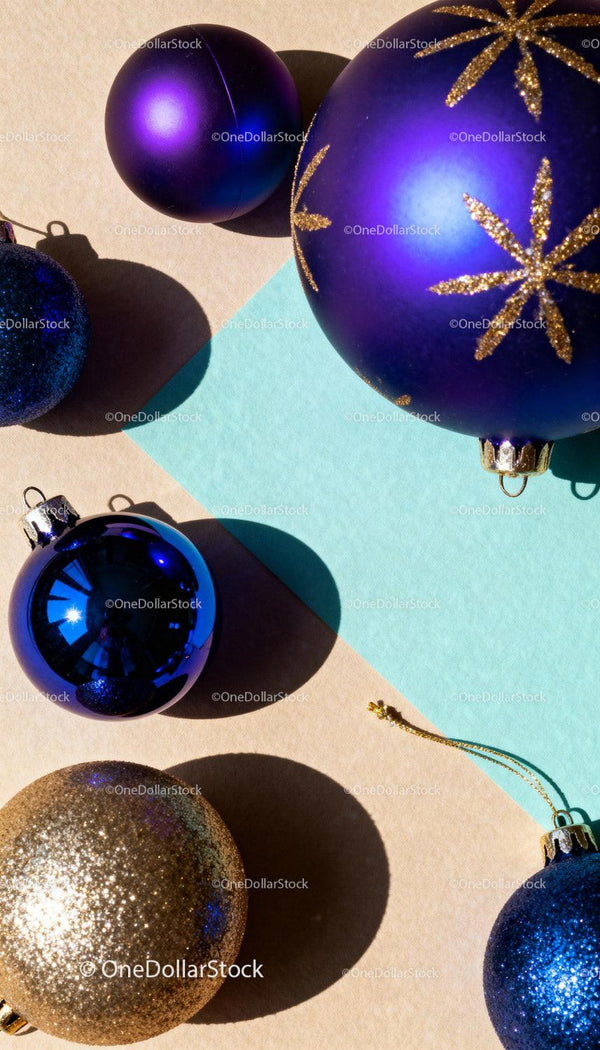 Blue and Gold Christmas Ornaments on Soft Background