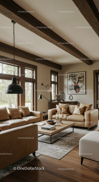 Cozy living room with leather sofas and wooden beams