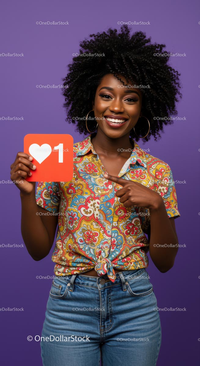 Joyful Woman in Colorful Shirt Holding Social Media Icon on Purple Background