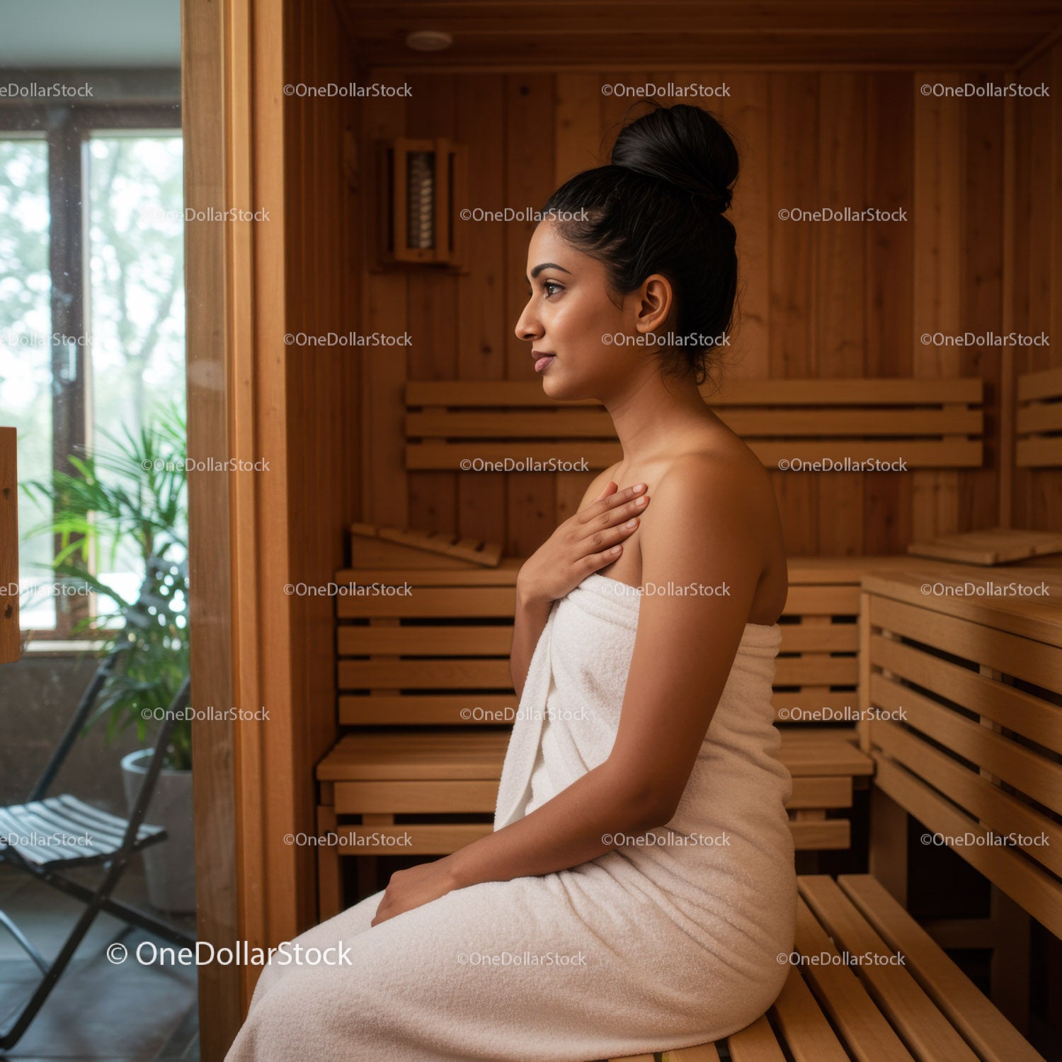 Relaxing Woman in Towel at Spa Sauna with Wooden Interior