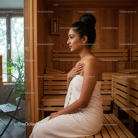Relaxing Woman in Towel at Spa Sauna with Wooden Interior