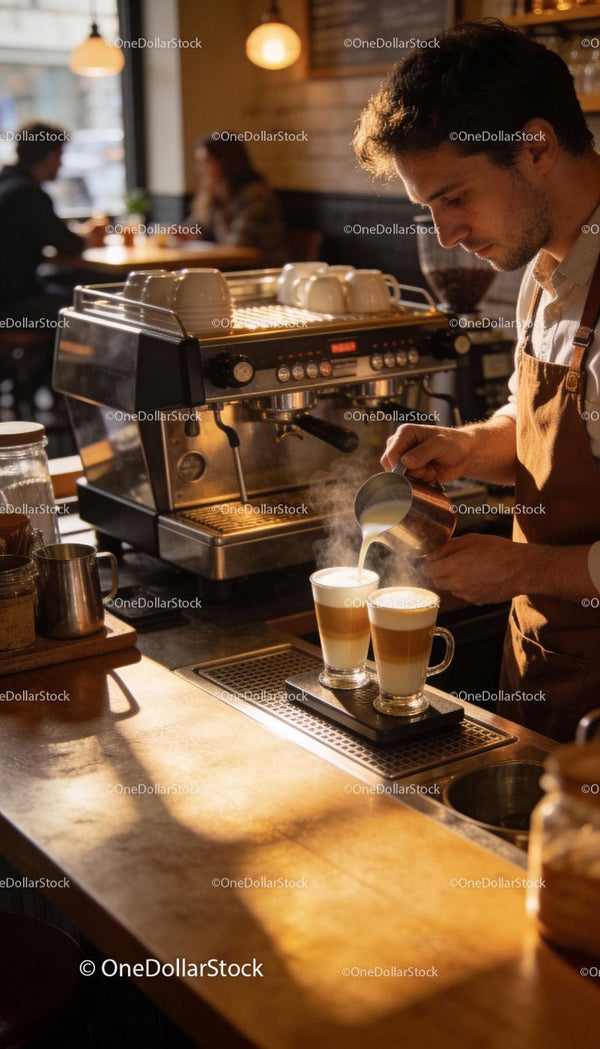 Barista pouring steamed milk into fresh latte glasses