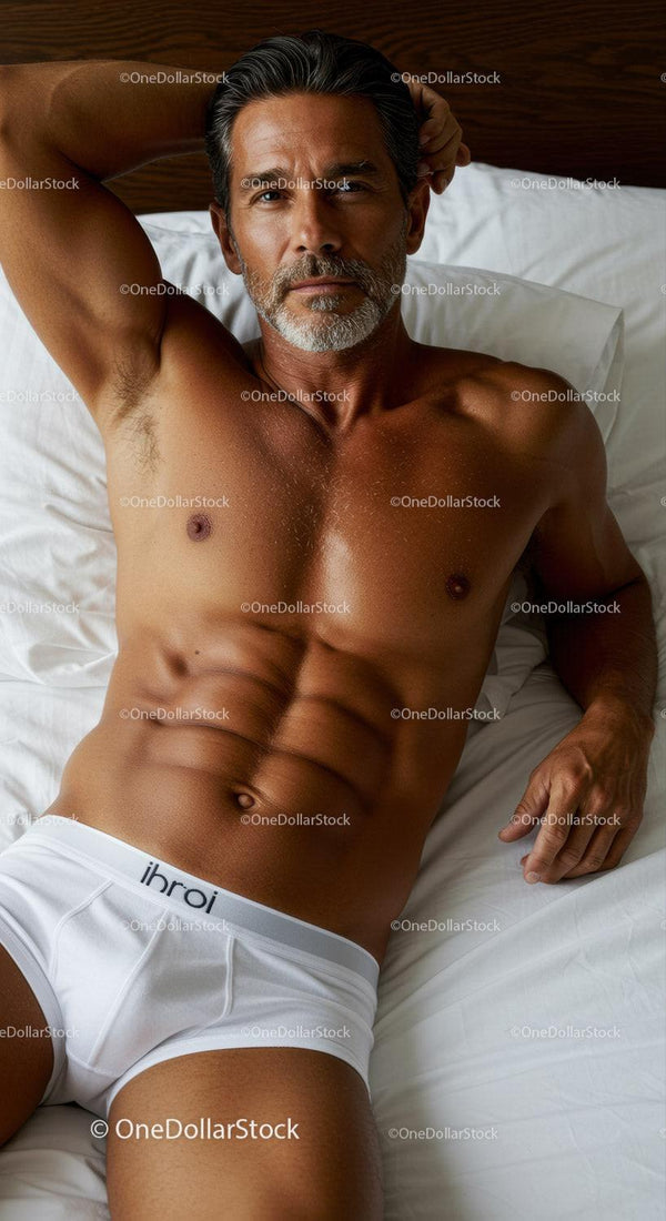 Confident mature man relaxing on bed in white underwear
