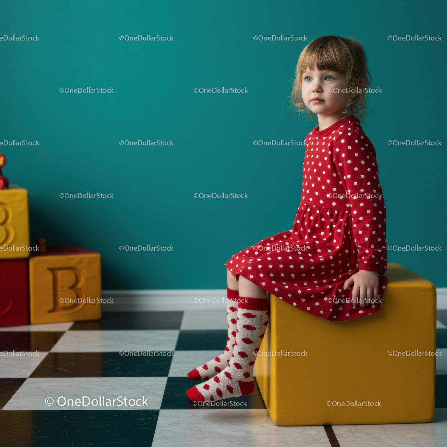 Thoughtful little girl in red dress sitting on yellow cube
