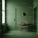Green Interior with Wooden Furniture and Black Pendant Light