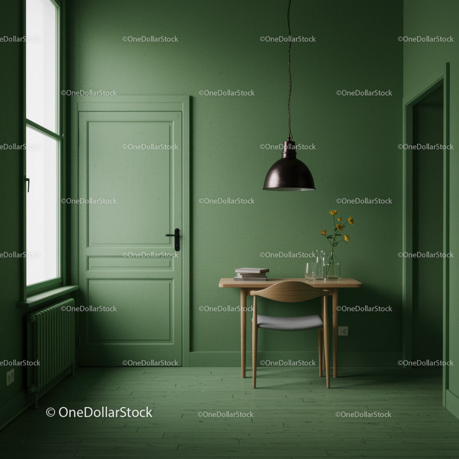 Green Interior with Wooden Furniture and Black Pendant Light