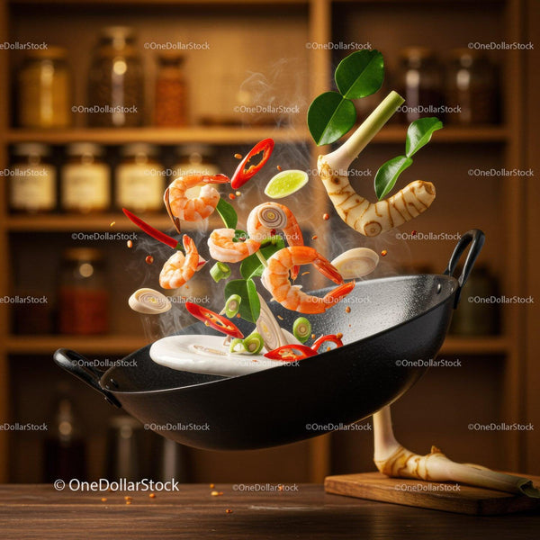 Flying Ingredients with Shrimp in Stir Fry Pan