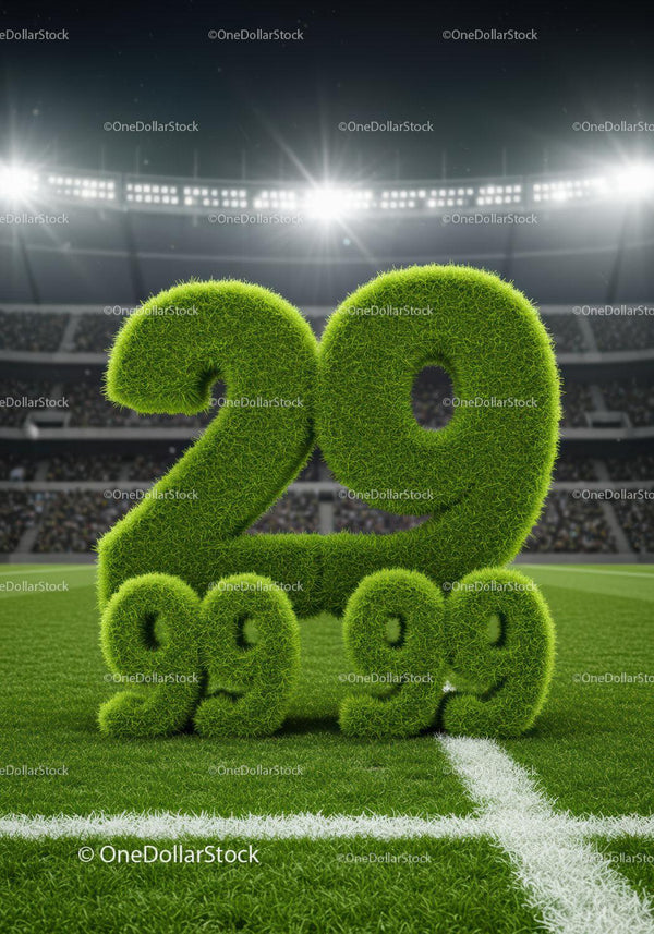 Grass-covered numbers 29 and 9999 on soccer field