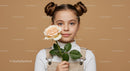 Young Girl with Pale Peach Rose Portrait on Soft Beige Background
