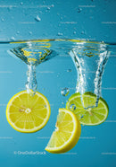 Fresh lemon and lime slices plunging into water