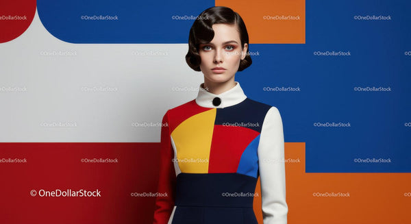 Woman in colorful geometric patterned dress with vintage hairstyle