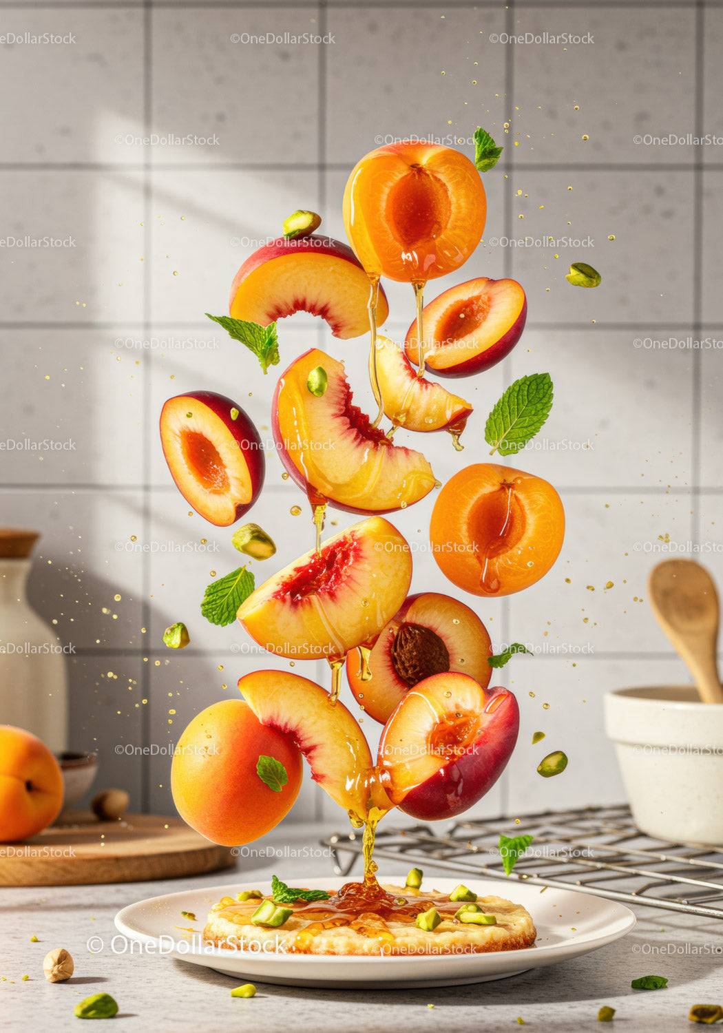 Fresh stone fruits with honey and pistachios on tart