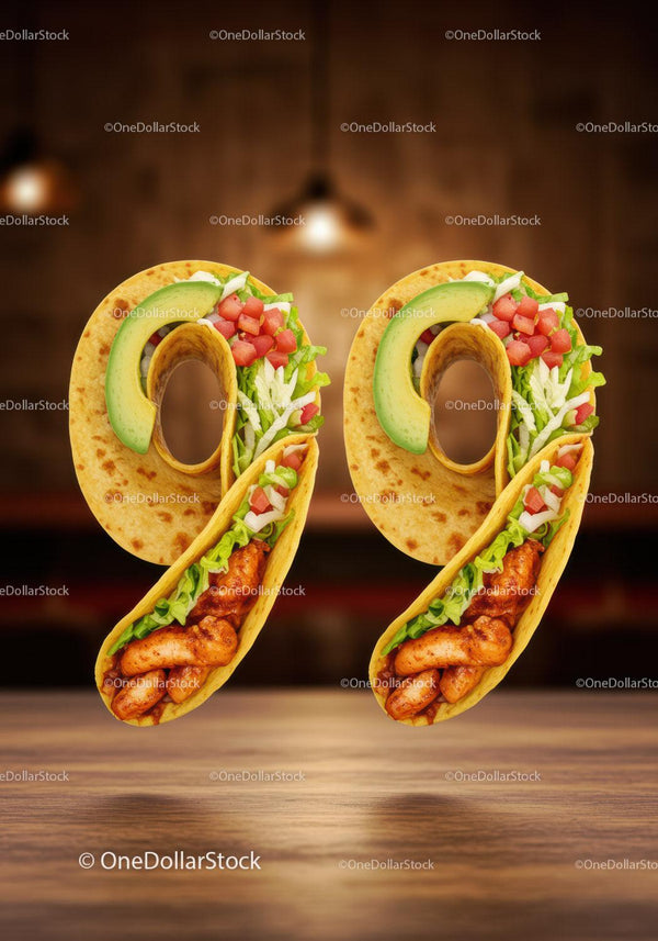 Number ninety shaped with chicken tacos and fresh toppings