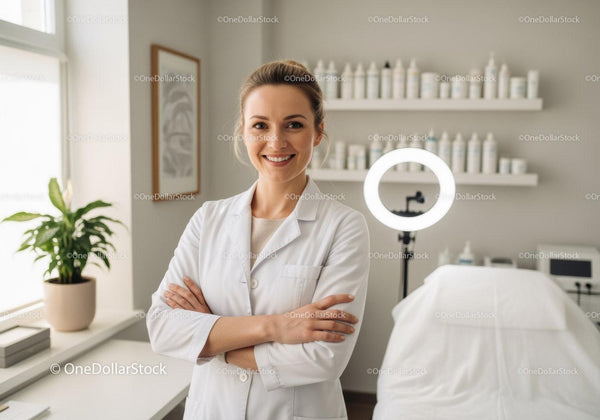 Profesjonalna kobieca dermatolog stojąca pewnie w nowoczesnej klinice medycznej