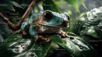 Vibrant Green Frog Resting on Lush Tropical Leaves