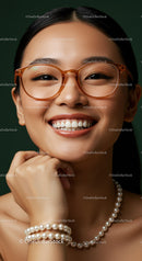 Smiling woman with glasses and pearl jewelry closeup