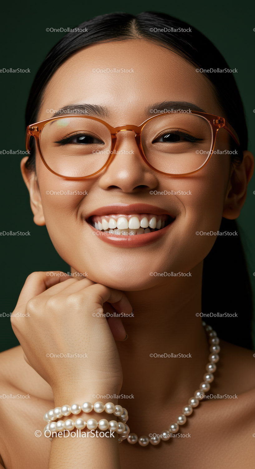 Smiling woman with glasses and pearl jewelry closeup