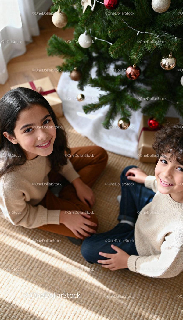Smiling Children Sitting by Christmas Tree with Gifts