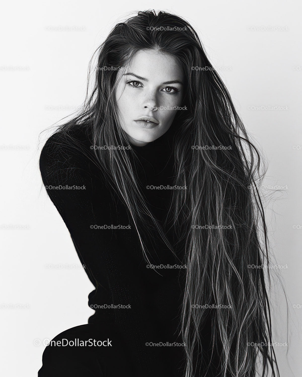 Female Portrait with Long Hair and Intense Gaze in Black and White