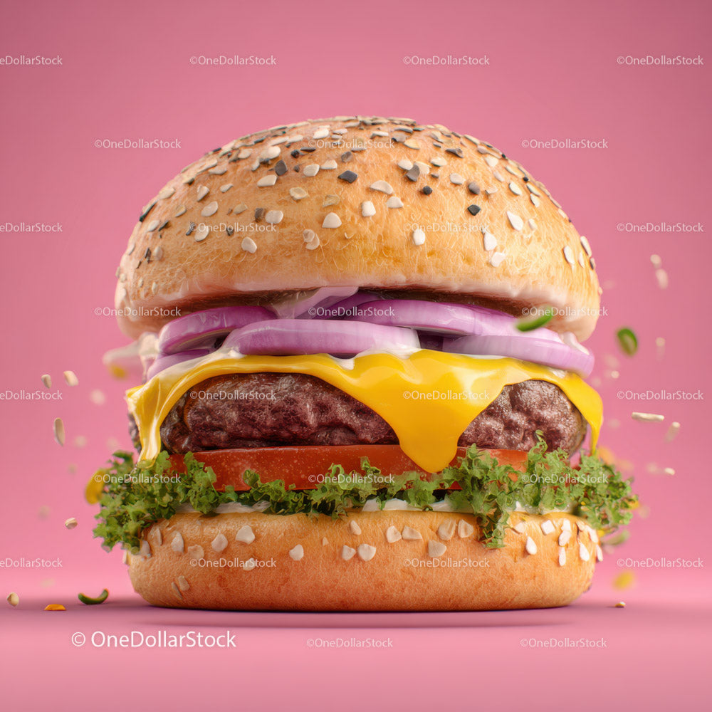 Juicy Cheeseburger with Lettuce Tomato Onion on Sesame Seed Bun