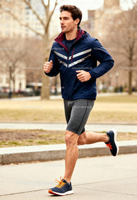 Focused young man running outdoors on cool day