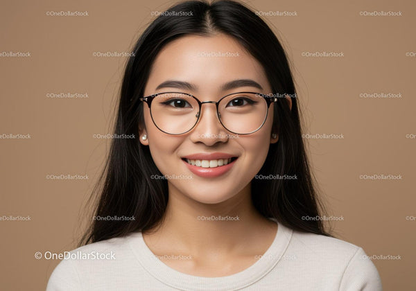 Portrait of a Young Woman with Glasses Smiling in Studio