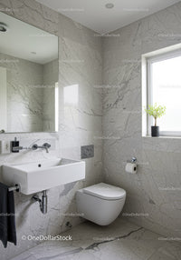 Modern Bathroom with Marble Walls and White Fixtures
