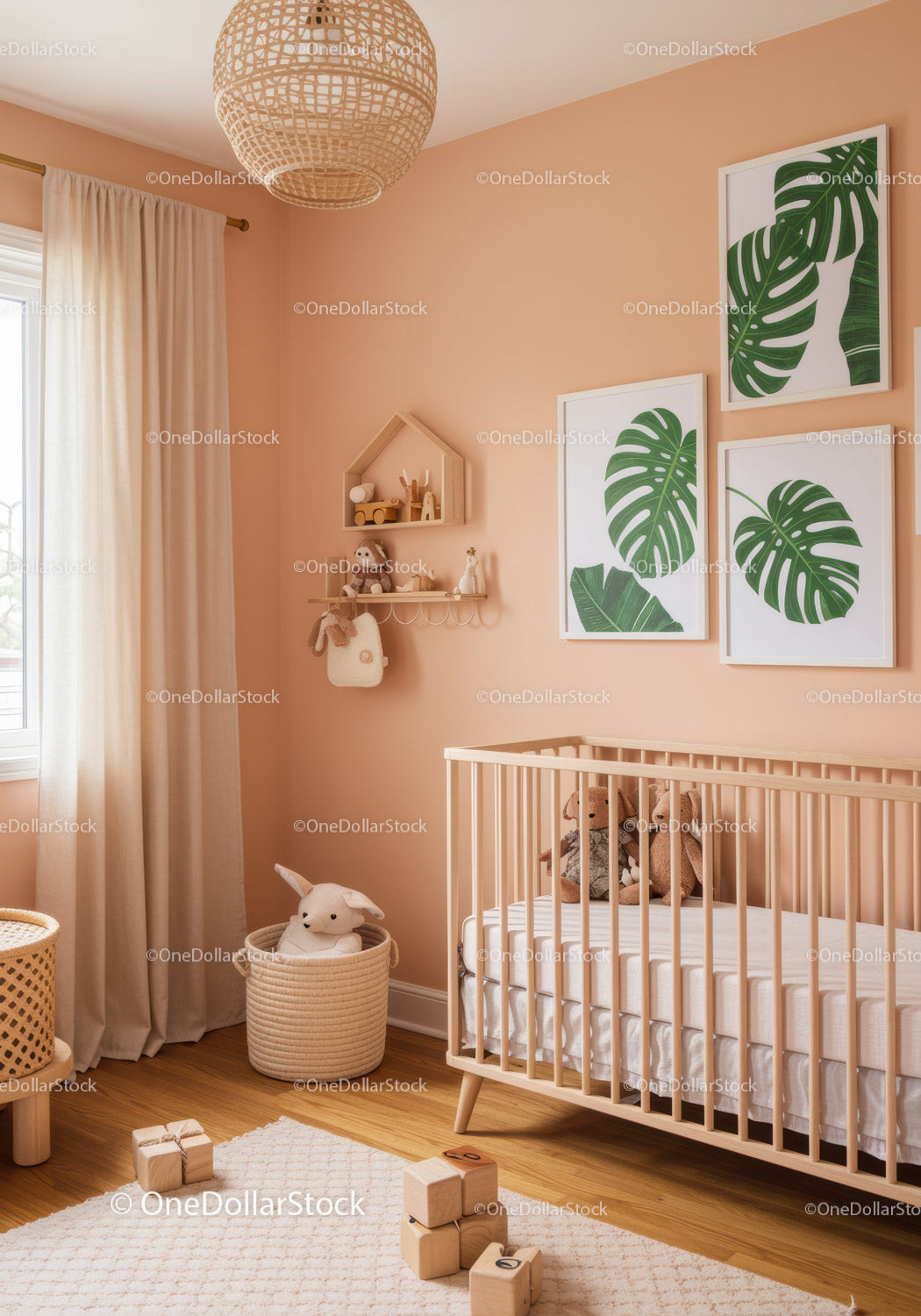 Cozy Nursery Room with Tropical Leaf Wall Art and Wooden Toys