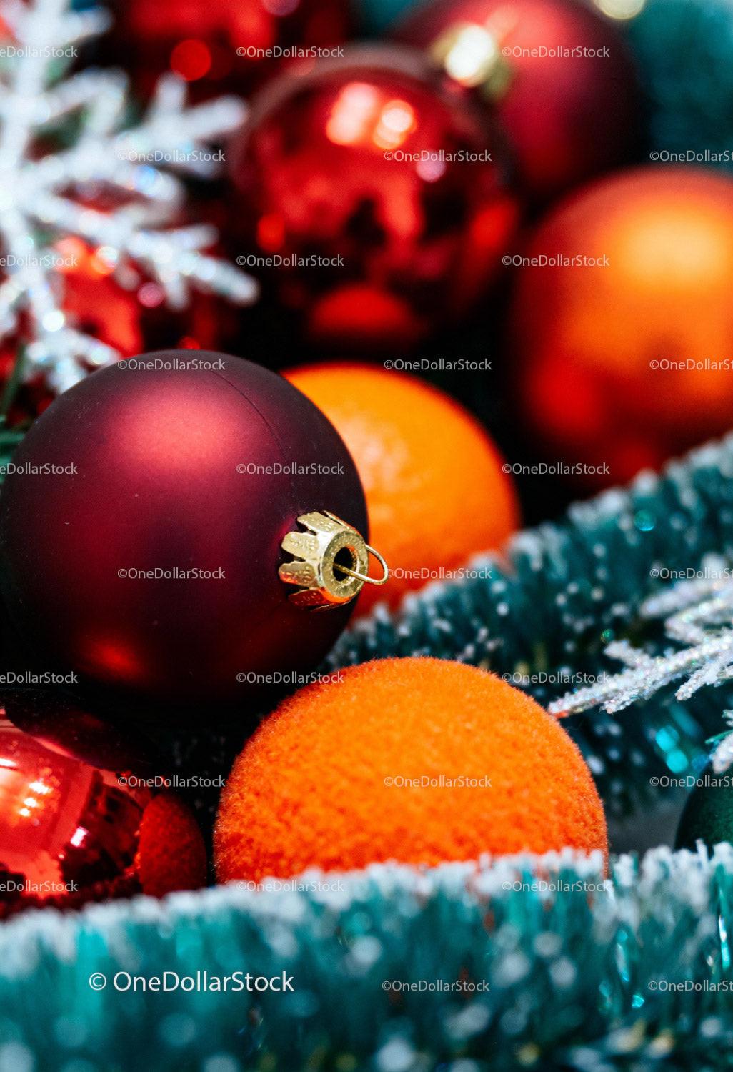 Close-up of Colorful Christmas Ornaments and Tinsel