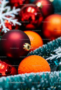 Close-up of Colorful Christmas Ornaments and Tinsel