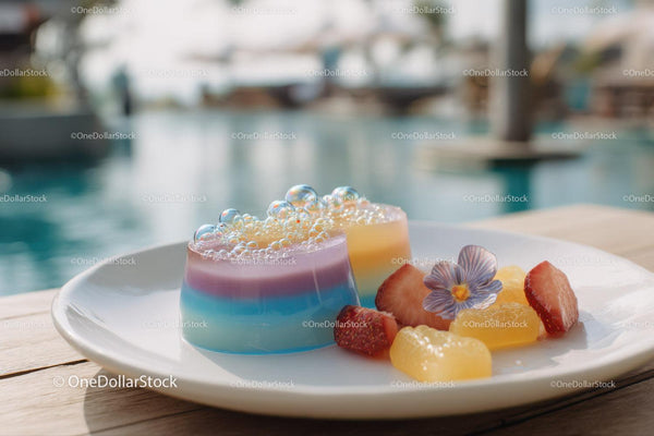 Colorful Layered Jelly Desserts with Fruits and Edible Flowers
