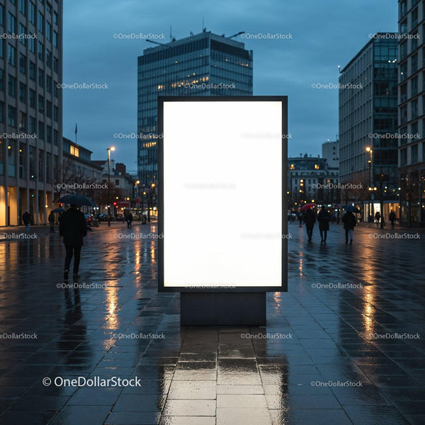 Illuminated Blank Billboard in Urban Evening Setting JPG Mockup Image