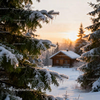 Snow-covered pine branches with cozy cabin sunset