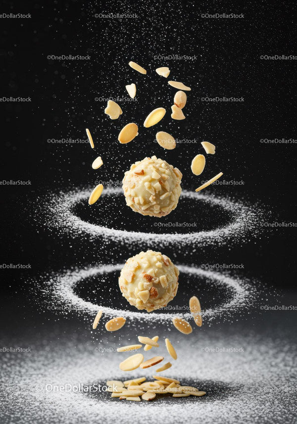 Almond-coated white chocolate truffles with floating nuts