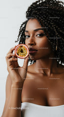 Portrait of a Beautiful Woman with Curly Hair Holding Passion Fruit