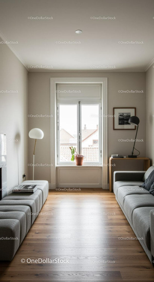 Jasny nowoczesny salon z drewnianą podłogą i naturalnym światłem