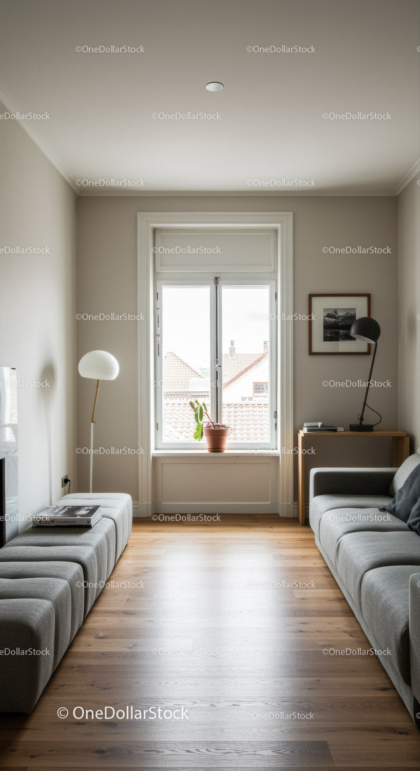 Jasny, nowoczesny salon z drewnianą podłogą i naturalnym światłem