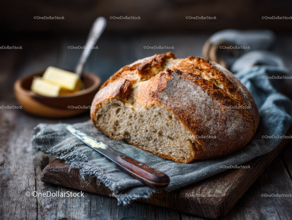 Fresh Artisan Bread Loaf on Wooden Board with Butter and Knife