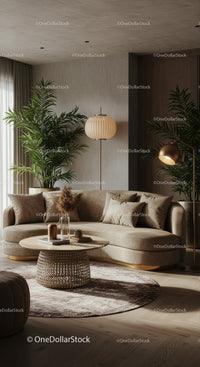Modern living room with cozy curved sofa and plants