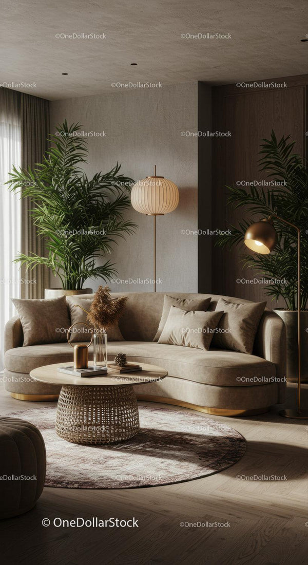 Modern living room with cozy curved sofa and plants